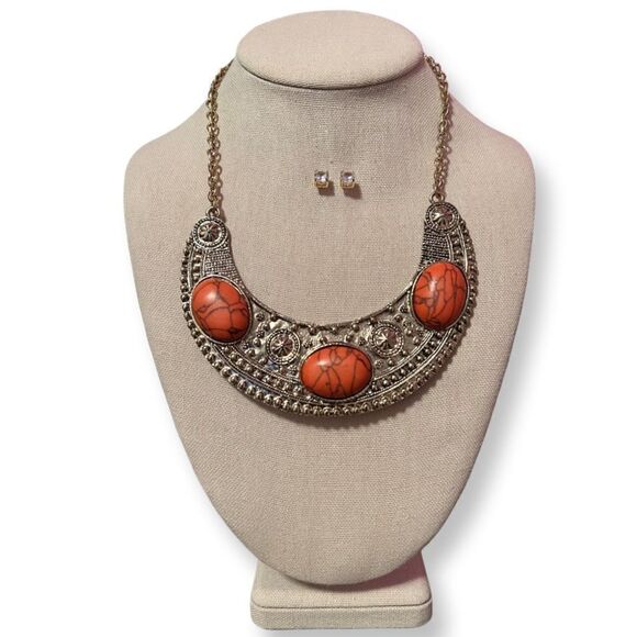 NEW Tribal Gold Tone And Orange Statement Necklace And Diamond Earring Set. - Picture 1 of 4
